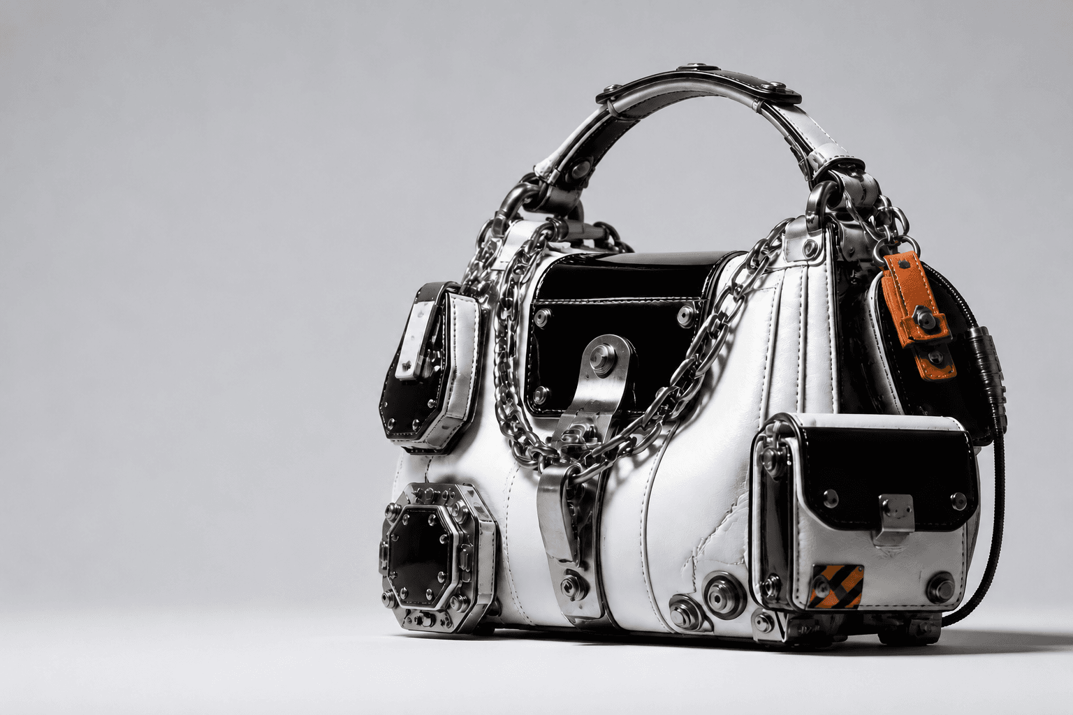 A modular Serenith industrial handbag in bone white, black and aged chrome